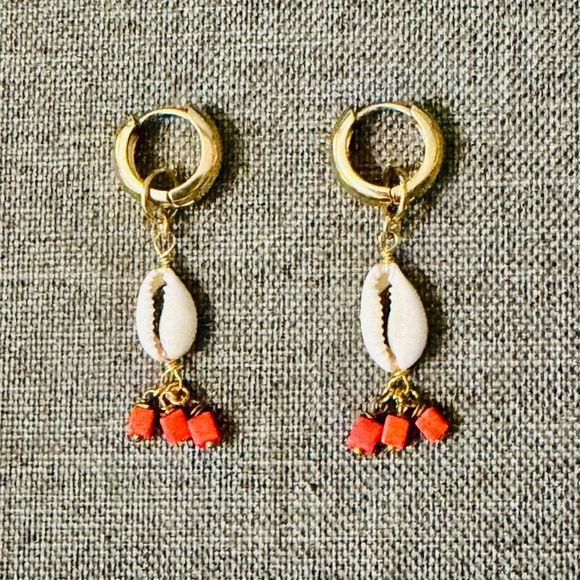 Mayamar 24K Gold Charm Drop Earrings - Cowrie Shell & Beads | Boho Luxe - Picture 2 of 4